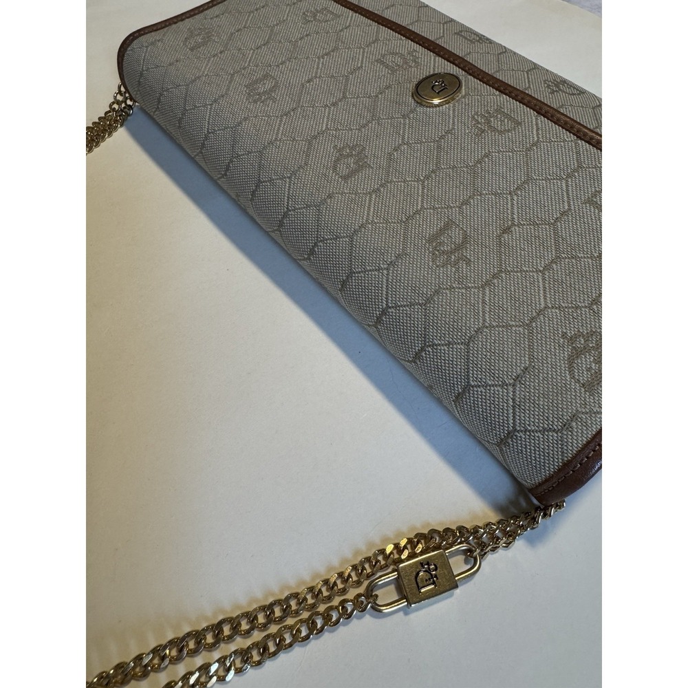 Christian Dior Honeycomb Canvas Chain Shoulder Bag PVC Beige Brown Leather Auth - Picture 5 of 13